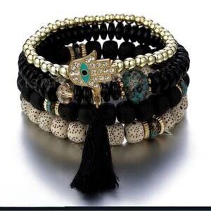 NWT Black White Tassel Evil Eye‎ 4- Multilayer Beaded Bracelet Boho-style
